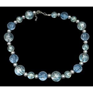Whimsical Blue And Silver Tone Beaded Necklace